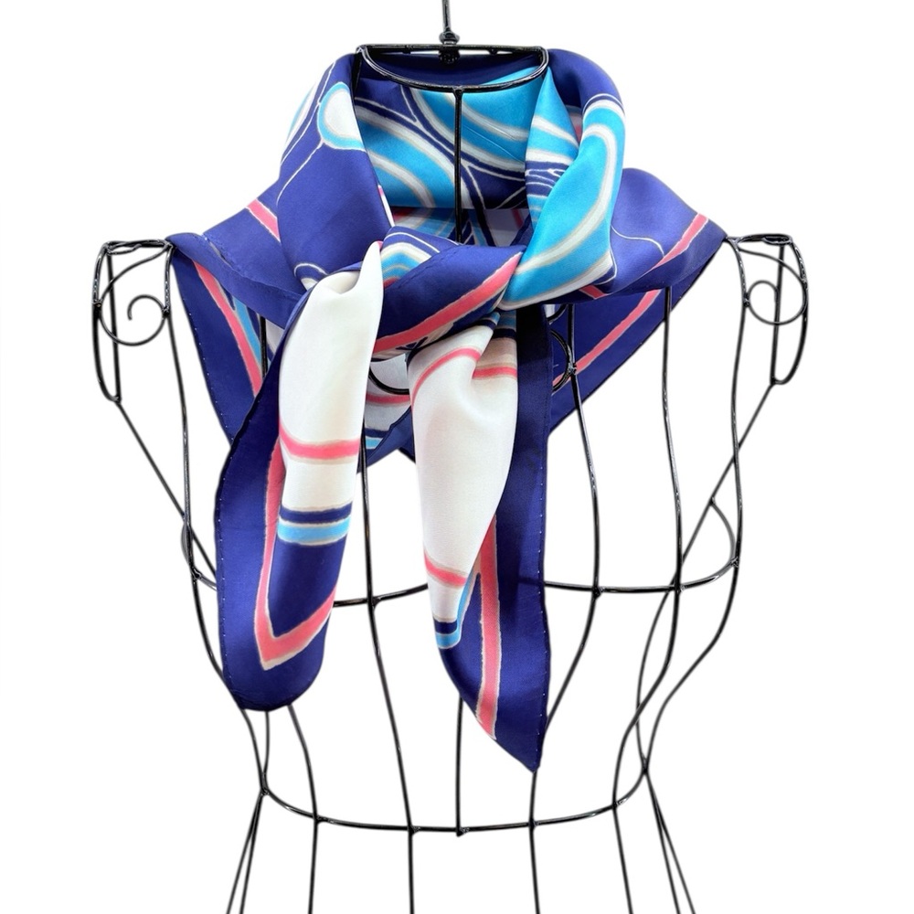 Vintage Simone Elegant Blue Pink and White Dotted Silk Like Neck Scarf